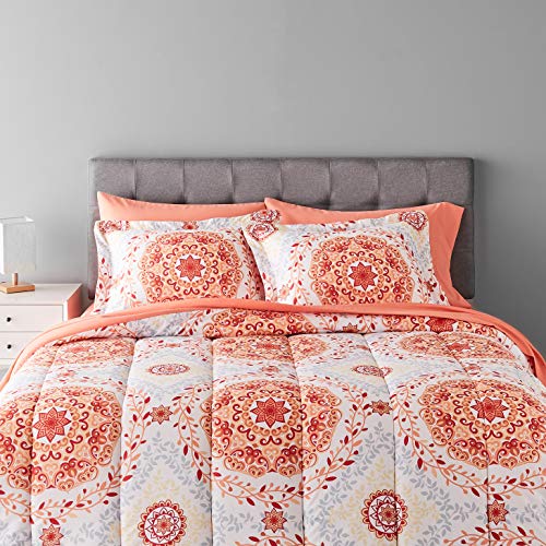 Amazon Basics Lightweight Microfiber 7 Piece Bed-in-a-Bag Comforter Bedding Set, Full/Queen, Coral Medallion