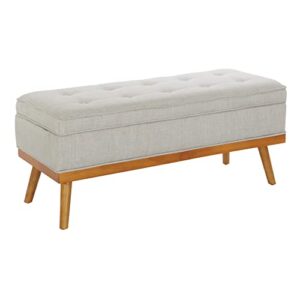 osp home furnishings katheryn storage bench with tufted seat and wood finish legs, grey fabric