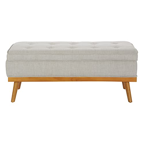 OSP Home Furnishings Katheryn Storage Bench with Tufted Seat and Wood Finish Legs, Grey Fabric