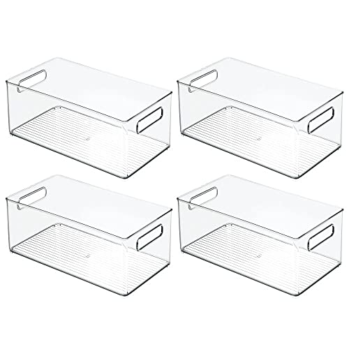 mDesign Deep Plastic Kitchen Storage Organizer Container Bin for Pantry, Cabinet, Cupboard, Shelves, Fridge, or Freezer - Holds Dry Goods, Sauces, Condiments, Drinks, Ligne Collection, 4 Pack, Clear