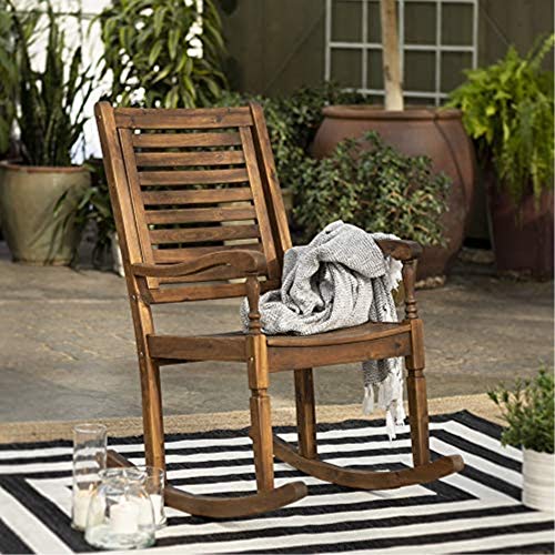 Walker Edison Montego Traditional Acacia Wood Slat Back Patio Rocking Chair, 42 Inch, Dark Brown