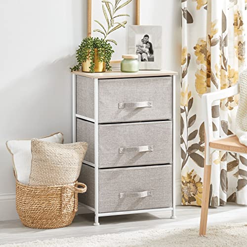 mDesign Steel Top and Frame Storage Dresser Tower Unit with 3 Removable Fabric Drawers for Bedroom, Living Room, or Bathroom - Holds Clothes, Accessories, Lido Collection - Linen/Tan