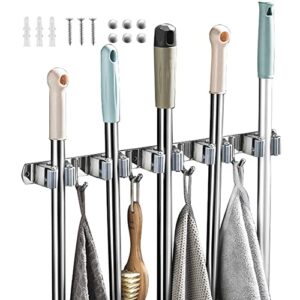 bosszi mop and broom holder, 4 positions 5 hooks heavy duty mop hanger wall mounted stainless steel organizer for home laundry bathroom, garage storage systems utility tools rack