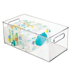 mdesign deep plastic storage organizer container bin, baby and kid organization for nursery, cupboard, playroom, shelves, and closet - holds snacks, food, formula, diapers - ligne collection - clear
