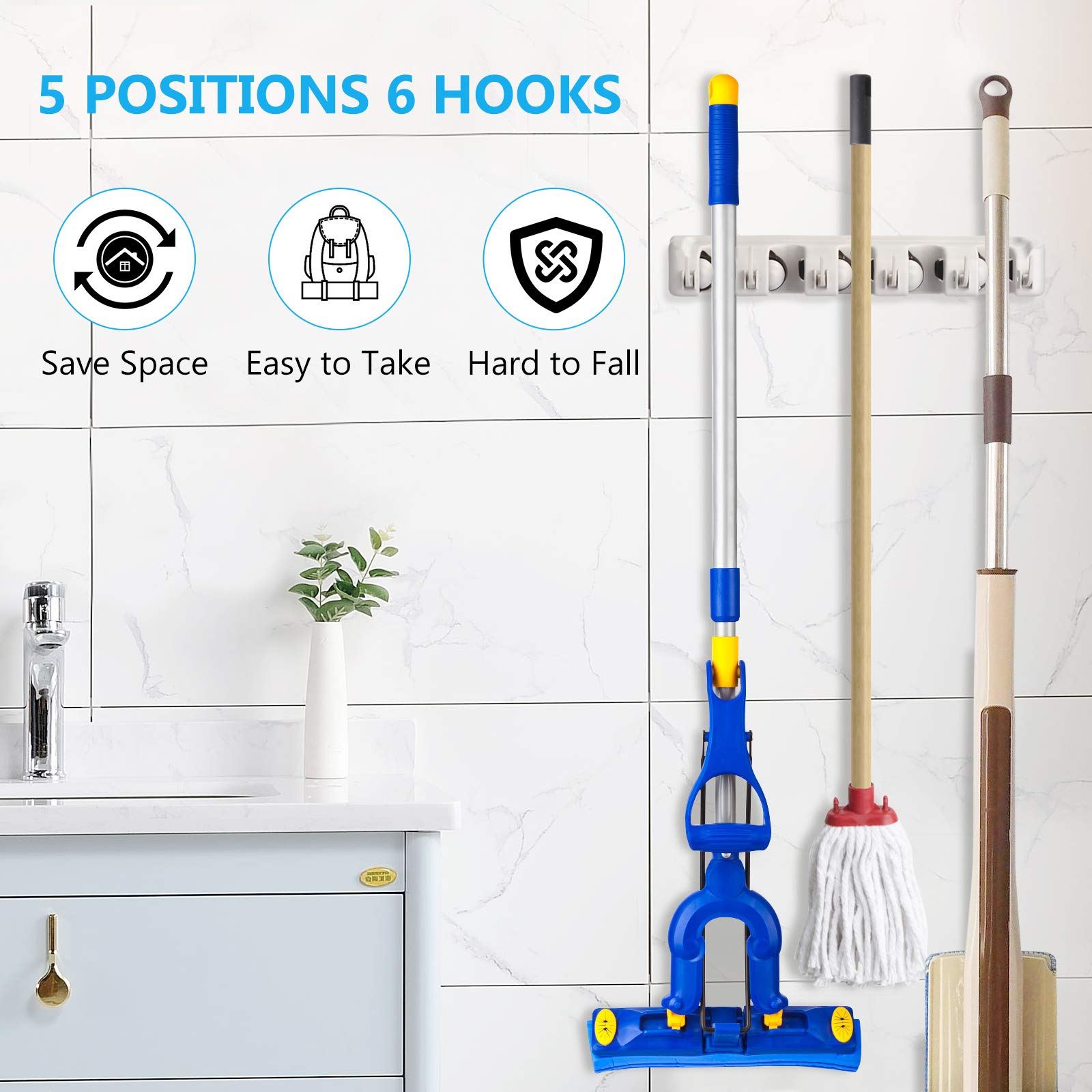 2 Pack Mop and Broom Holder wall mount - ONMIER Garage Organization Hanger Wall Mounted, Hanging Tool Organizer Storage Rack for Home Gard Yard Item - 5 Slots and 6 Hooks