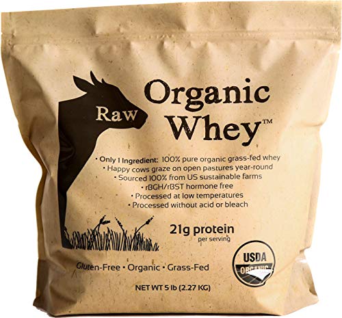 Raw Organic Whey 5LB - USDA Certified Organic Whey Protein Powder, Happy Healthy Cows, COLD PROCESSED Undenatured 100% Grass Fed + NON-GMO + rBGH Free + Gluten Free, Unflavored, Unsweetened(5 LB BULK)