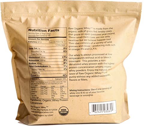 Raw Organic Whey 5LB - USDA Certified Organic Whey Protein Powder, Happy Healthy Cows, COLD PROCESSED Undenatured 100% Grass Fed + NON-GMO + rBGH Free + Gluten Free, Unflavored, Unsweetened(5 LB BULK)