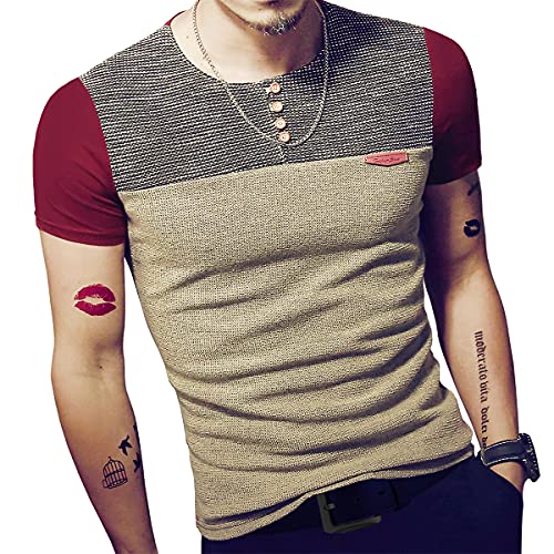 LOGEEYAR Mens Premium Fitted Short-Sleeve Contrast Color Stitching T-Shirt(Red XL)