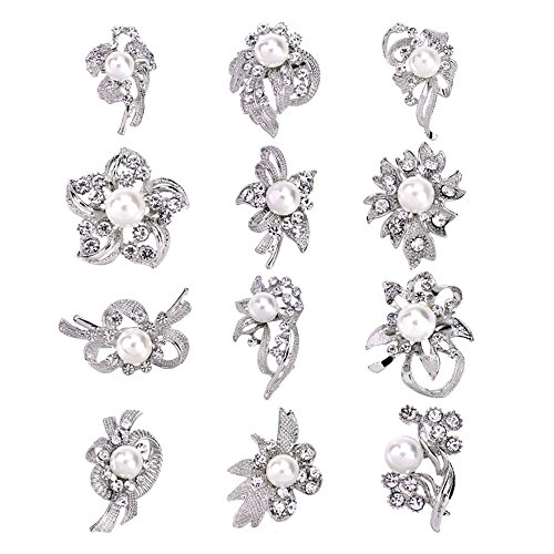 Ezing 12pcs Lot Imitaion Peal Crystal Brooch for Wedding Bouquet (C)