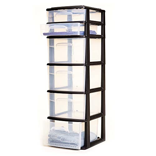 Homz Plastic 6 Clear Drawer Medium Home Storage Container Tower with 4 Large Drawers and 2 Small Drawers, Black Frame