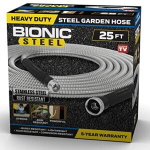 bionic steel 25 foot garden hose 304 stainless steel metal hose – super tough & flexible water hose, lightweight, crush resistant aluminum fittings, kink & tangle free, rust proof, easy to use & store