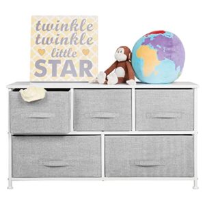 mdesign 21.65" high steel frame/wood top storage dresser furniture with 5 fabric drawers, wide bureau organizer for baby, kid, and teen bedroom, nursery, playroom, dorm - lido collection, gray