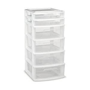homz 6 drawer plastic storage and organizer tower, cabinet for home, office, classroom, craft, art supplies, clothes, white frame/clear drawers