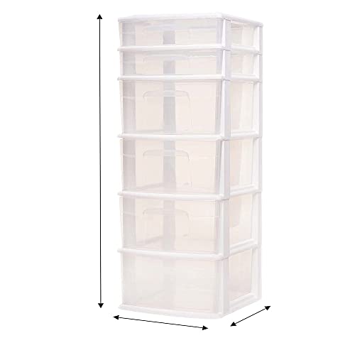 Homz 6 Drawer Plastic Storage and Organizer Tower, Cabinet for Home, Office, Classroom, Craft, Art Supplies, Clothes, White Frame/Clear Drawers