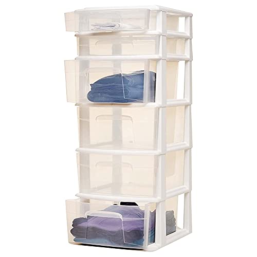 Homz 6 Drawer Plastic Storage and Organizer Tower, Cabinet for Home, Office, Classroom, Craft, Art Supplies, Clothes, White Frame/Clear Drawers