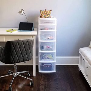 Homz 6 Drawer Plastic Storage and Organizer Tower, Cabinet for Home, Office, Classroom, Craft, Art Supplies, Clothes, White Frame/Clear Drawers