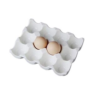 leoyoubei pretty ceramic egg plate,7.5x5.5x1.5 kitchen restaurant fridge storage and cookable egg porcelain decorative crate white (12 cups egg holder)