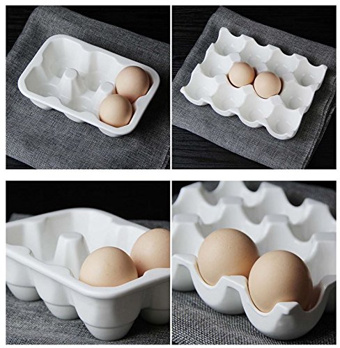 Leoyoubei Pretty Ceramic Egg Plate,7.5X5.5X1.5 Kitchen Restaurant Fridge Storage and Cookable Egg Porcelain Decorative Crate White (12 Cups Egg Holder)