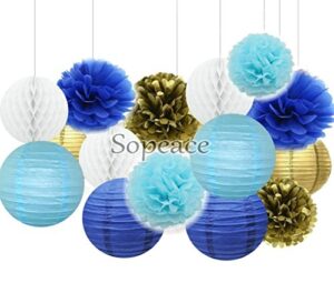 sopeace mixed gold navy gold blues party decoration kit tissue paper pom poms flowers paper lanterns and star garland for birthday,baby,bridal shower,room decor &themed party decoration favor