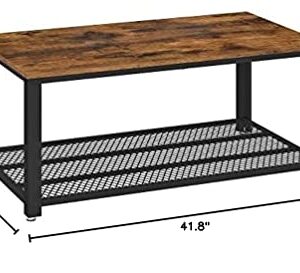 VASAGLE Coffee Table for Living Room, 2-Tier Cocktail Table, Center Table with Mesh Shelf, Steel Frame, Adjustable Feet, Industrial Style, Rustic Brown and Black ULCT61X