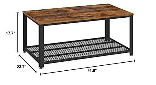 VASAGLE Coffee Table for Living Room, 2-Tier Cocktail Table, Center Table with Mesh Shelf, Steel Frame, Adjustable Feet, Industrial Style, Rustic Brown and Black ULCT61X