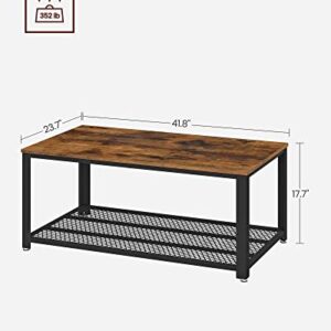 VASAGLE Coffee Table for Living Room, 2-Tier Cocktail Table, Center Table with Mesh Shelf, Steel Frame, Adjustable Feet, Industrial Style, Rustic Brown and Black ULCT61X