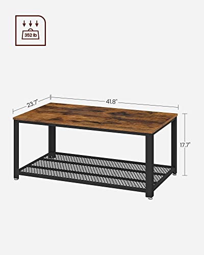 VASAGLE Coffee Table for Living Room, 2-Tier Cocktail Table, Center Table with Mesh Shelf, Steel Frame, Adjustable Feet, Industrial Style, Rustic Brown and Black ULCT61X