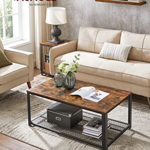 VASAGLE Coffee Table for Living Room, 2-Tier Cocktail Table, Center Table with Mesh Shelf, Steel Frame, Adjustable Feet, Industrial Style, Rustic Brown and Black ULCT61X