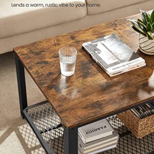 VASAGLE Coffee Table for Living Room, 2-Tier Cocktail Table, Center Table with Mesh Shelf, Steel Frame, Adjustable Feet, Industrial Style, Rustic Brown and Black ULCT61X