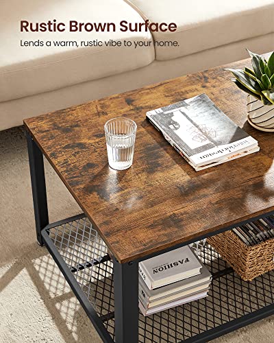 VASAGLE Coffee Table for Living Room, 2-Tier Cocktail Table, Center Table with Mesh Shelf, Steel Frame, Adjustable Feet, Industrial Style, Rustic Brown and Black ULCT61X