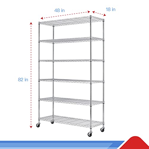 NSF Wire Shelf Organizer 6 Wire Shelving Unit Metal Storage Shelves, Utility Commercial Grade Heavy Duty Height Adjustable Leveling Feet Steel Layer shelf Rack 2100 LBS Capacity-18x48x72,Chrome