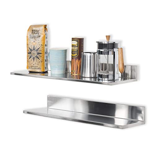 Wallniture Plat Stainless Steel Wall Shelf Heavy Duty Restaurant Bar Cafe & Home Kitchen Organization and Storage Shelf Set of 2 23.60" Silver