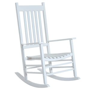 outsunny outdoor rocking chair, wooden rocking patio chairs with rustic high back, slatted seat and backrest for indoor, backyard, garden, white