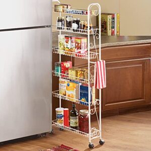 Collections Etc Slim Rolling Pantry 6-Tier Shelf, White Metal with Elegant Scroll Design Accent - Extra Kitchen and Bathroom Storage, 6"