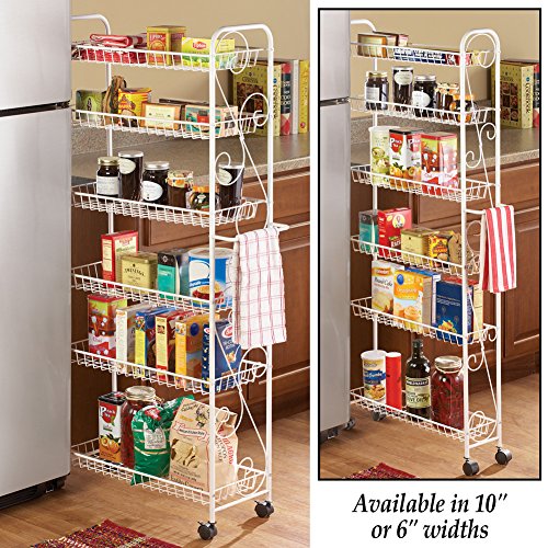 Collections Etc Slim Rolling Pantry 6-Tier Shelf, White Metal with Elegant Scroll Design Accent - Extra Kitchen and Bathroom Storage, 6"