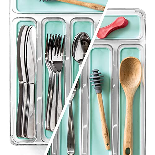 BINO 5-Slot Silverware Organizer for Drawer | Plastic Utensil Organizer for Kitchen Drawers | Silverware Tray for Drawer Organization | Utensil Kitchen Drawer Organizer w/Grip Lining (Aqua)