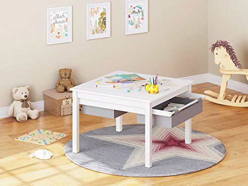 UTEX 2 in 1 Kids Construction Play Table with Storage Drawers and Built in Plate (White)