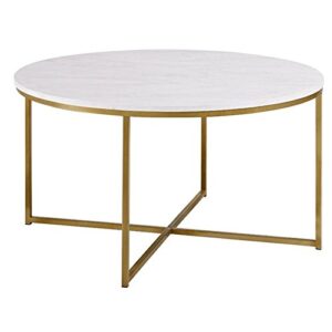 walker edison modern glam round accent faux white marble coffee table with gold x-base, 36 inch