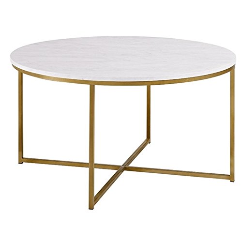 Walker Edison Modern Glam Round Accent Faux White Marble Coffee Table with Gold X-Base, 36 Inch