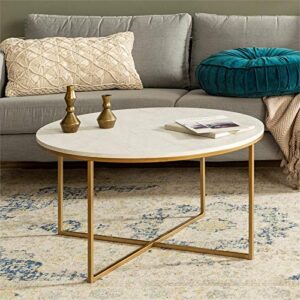 Walker Edison Modern Glam Round Accent Faux White Marble Coffee Table with Gold X-Base, 36 Inch
