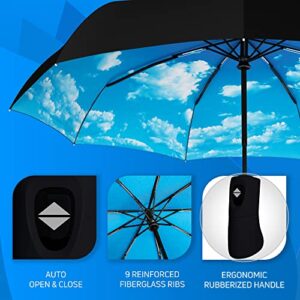 Rain-Mate Compact Travel Umbrella - Pocket Portable Folding Windproof Mini Umbrella - Auto Open and Close Button and 9 Rib Reinforced Canopy (Blue Sky)