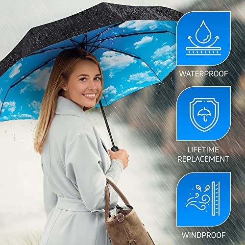 Rain-Mate Compact Travel Umbrella - Pocket Portable Folding Windproof Mini Umbrella - Auto Open and Close Button and 9 Rib Reinforced Canopy (Blue Sky)