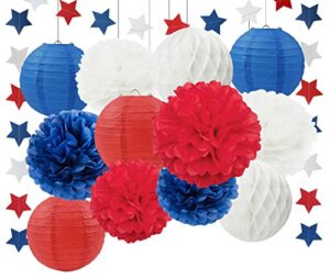 labor days party decorations veterans day party decorations patriotic decorations navy white red tissue pom poms paper lanterns paper honeycomb ball blue red white paper star garland party supplies