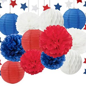 Labor Days Party Decorations Veterans Day Party Decorations Patriotic Decorations Navy White Red Tissue Pom Poms Paper Lanterns Paper Honeycomb Ball Blue Red White Paper Star Garland Party Supplies