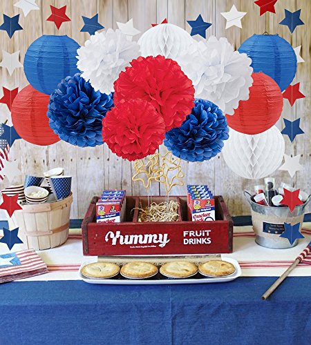 Labor Days Party Decorations Veterans Day Party Decorations Patriotic Decorations Navy White Red Tissue Pom Poms Paper Lanterns Paper Honeycomb Ball Blue Red White Paper Star Garland Party Supplies