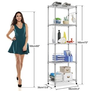 Homdox 5 Tier Steel Wire Shelving Unit on Wheels,Chrome Shelves for Garage Kitchen Living Room,Heavy Duty Shelving Rack, 23.2 x 13.8 x 72 inch (L x W x H)