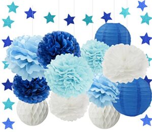 furuix boy baby shower decorations 13pcs white navy blue baby blue tissue paper pom pom paper lanterns blue star garland honeycomb ball for birthday decor, bridal shower decor/outer space party decor