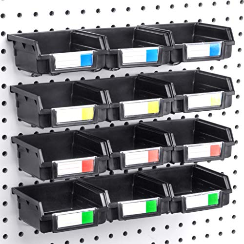 Right Arrange – Pegboard Bins - 12 Pack Black - Hooks to Any Peg Board - Organize Hardware, Accessories, Attachments, Workbench, Garage Storage, Craft Room, Tool Shed, Hobby Supplies, Small Parts