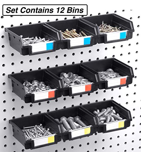 Right Arrange – Pegboard Bins - 12 Pack Black - Hooks to Any Peg Board - Organize Hardware, Accessories, Attachments, Workbench, Garage Storage, Craft Room, Tool Shed, Hobby Supplies, Small Parts