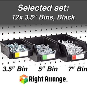 Right Arrange – Pegboard Bins - 12 Pack Black - Hooks to Any Peg Board - Organize Hardware, Accessories, Attachments, Workbench, Garage Storage, Craft Room, Tool Shed, Hobby Supplies, Small Parts